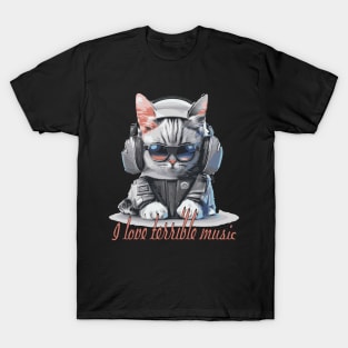 Crazy Cat Listening to Music Cartoon T-Shirt